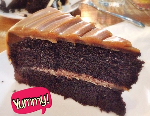 chocolate cake is so moist and salted caramel topping is the perfect combi