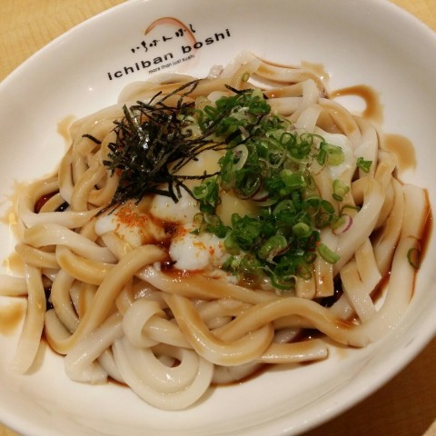 Warm udon noodles marinated with sweet sauce and topped with half boiled egg and seaweed. The noodles are smooth and the taste are blend well when mixed up together.