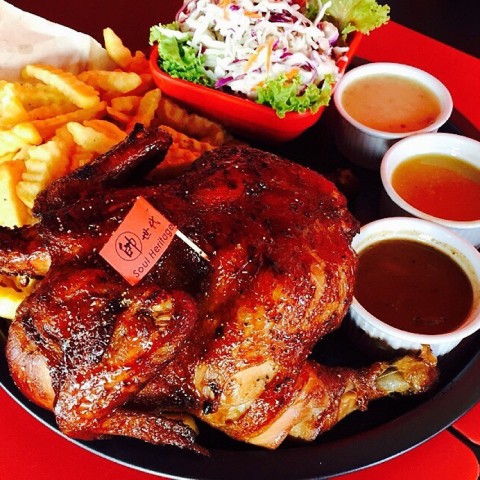 Home made 3 sauces Grilled Whole Chicken with Fries & Salad 